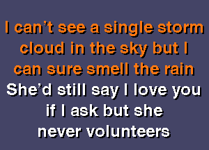 I canIt see a single storm
cloud in the sky but I
can sure smell the rain
SheId still say I love you
if I ask but she
never volunteers