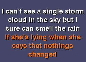 I can t see a single storm
cloud in the sky but I
sure can smell the rain
If she s lying when she
says that nothings
changed