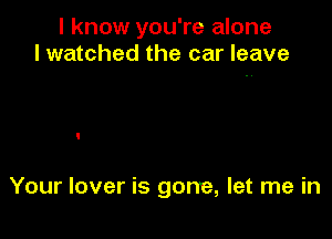 I know you're alone
I watched the car leave

Your lover is gone, let me in