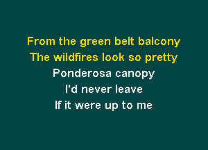 From the green belt balcony
The wildfires look so pretty
Ponderosa canopy

I'd never leave
If it were up to me