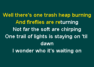 Well there's one trash heap burning
And fireflies are returning
Not far the soft are chirping
One trail of lights is staying on 'til
dawn
I wonder who it's waiting on