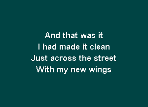 And that was it
I had made it clean

Just across the street
With my new wings