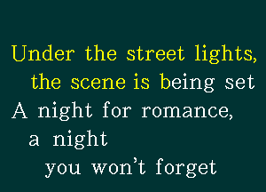 Under the street lights,
the scene is being set
A night for romance,
a night
you won,t forget