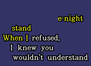 e-night

stand

When I refused,
I knew you
wouldni understand