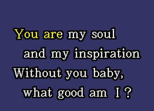 You are my soul

and my inspiration

Without you baby,
what good am I ?