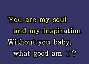 You are my soul

and my inspiration

Without you baby,
what good am I ?