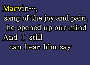 Marvinm,
sang 0f the joy and pain,
he opened up our mind

And I still
can hear him say