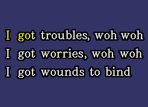 I got troubles, woh woh

I got worries, woh woh

I got wounds to bind