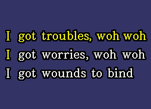 I got troubles, woh woh

I got worries, woh woh

I got wounds to bind