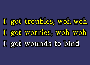 I got troubles, woh woh

I got worries, woh woh

I got wounds to bind