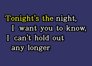 Tonighfs the night,
I want you to know,

I canWL hold out
any longer