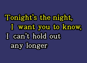 Tonighfs the night,
I want you to know,

I canWL hold out
any longer