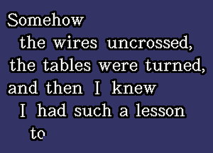 Somehow
the Wires uncrossed,
the tables were turned,
and then I knew
I had such a lesson
to