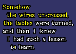 Somehow
the Wires uncrossed,
the tables were turned,
and then I knew
I had such a lesson
t6 learn