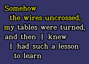 Somehow
the Wires uncrossed,
my tables were turned,
and then I knew
I had such a lesson
to learn