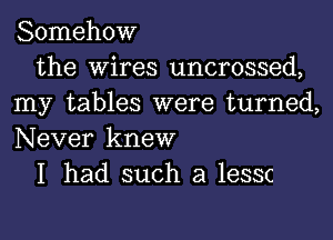 Somehow

the Wires uncrossed,
my tables were turned,
Never knew

I had such a lessc