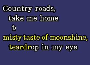 Country roads,
take me home
tt

misty taste of moonshine,
teardrop in my eye