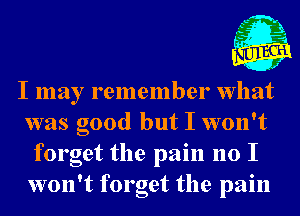 I may remember What
was good but I won't
forget the pain no I
won't forget the pain