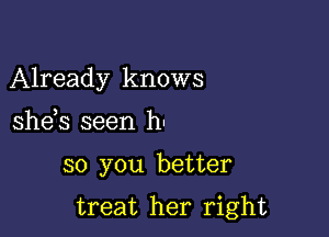 Already knows

she s seen h'

so you better

treat her right