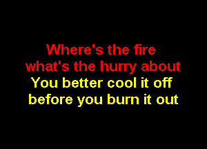 Where's the fire
what's the hurry about

You better cool it off
before you burn it out