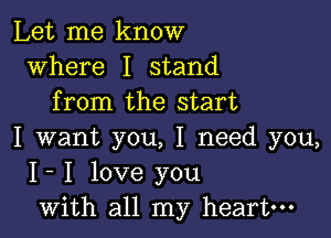 Let me know
where I stand
from the start

I want you, I need you,
I- I love you
with all my heart-