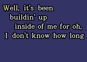 Well, ifs been
buildin up
inside of me for oh,

I donWL know how long