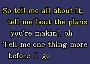 So tell me all about it,
tell me ,bout the plans
you,re makin , 0h

Tell me one thing more

before I go