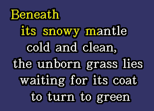 Beneath
its snowy mantle
cold and clean,
the unborn grass lies
waiting for its coat
to turn to green