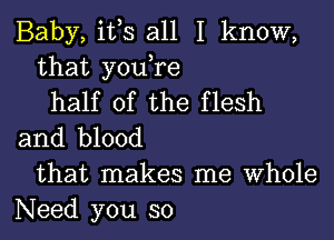 Baby, it,s all I know,
that you,re
half of the flesh
and blood
that makes me Whole
Need you so