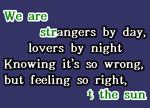 WE)
Bhangers by day,
lovers by night
Knowing ifs so wrong,

but feeling so right,
i3 am am