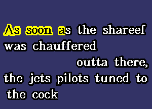 AB m as the shareef
was chauffered

outta there,
the jets pilots tuned to
the cock