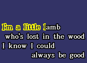 mamgamb

whds lost in the wood
I know I could
always be good