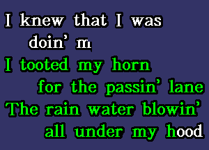 I knew that I was
doin, m
I tooted my horn
for the passin, lane
The rain water blowin,
all under my hood