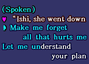 (Spoken)
aIshi, she went down
15 Make me forget

all that hurts me
Let me understand

your plan I