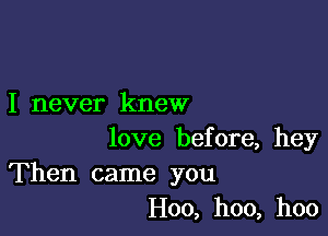 I never knew

love before, hey
Then came you
H00, hoo, hoo