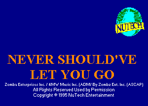 m,
K' Jab

NEVER SHOULD'VE
LET Y 0U GO

Zomba Enterprises Inc. I 4MW Music Inc. (ADM? By Zombi EM. Inc. (ASCAP)
All Rights Reserved Used by Permission
Copyrightt91995 NuTech Entertainment
