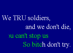 We TRU soldiers,

and we don't die,
)u can't stop us
So bitch don't try.