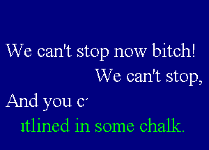 We can't stop now bitch!

We can't stop,
And you C'
1t1ined in some chalk.