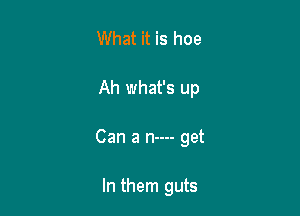 What it is hoe

Ah what's up

Can a n---- get

In them guts