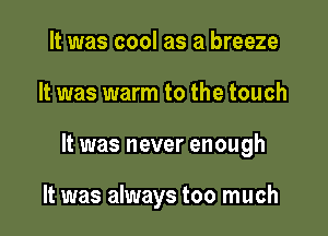 It was cool as a breeze

It was warm to the touch

It was never enough

It was always too much