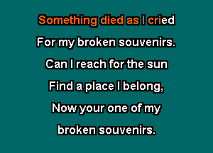 Something died as I cried
For my broken souvenirs.

Can I reach for the sun

Find a place I belong,

Now your one of my

broken souvenirs.