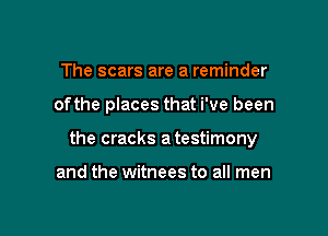 The scars are a reminder

ofthe places that i've been

the cracks a testimony

and the witnees to all men