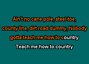 Aim no cane pole, steel-toe,
county line, dirt road dummy, Nobody

gotta teach me how to country

Teach me how to country