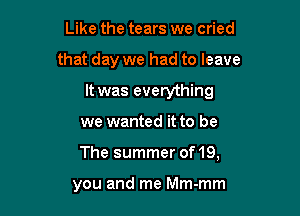 Like the tears we cried
that day we had to leave
It was everything
we wanted it to be

The summer of 19,

you and me Mm-mm