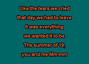 Like the tears we cried
that day we had to leave
It was everything
we wanted it to be

The summer of 19,

you and me Mm-mm