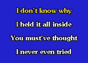 I don't lmow why
I held it all inside

You must've thought

I never even tried I