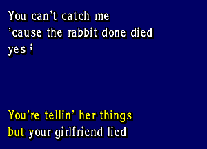 You can't catch me
'cause the rabbit done died
)les

You're tellin' her things
but your girlfriend lied