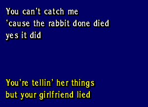 You can't catch me
'cause the rabbit done died
yes it did

You're tellin' her things
but your girlfriend lied