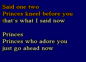 Said one two
Princes kneel before you
thatos what I said now

Princes
Princes who adore you
just go ahead now