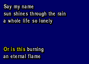 Say my name
sun shines through the rain
a whole life so lonely

Or is this burning
an eternal flame